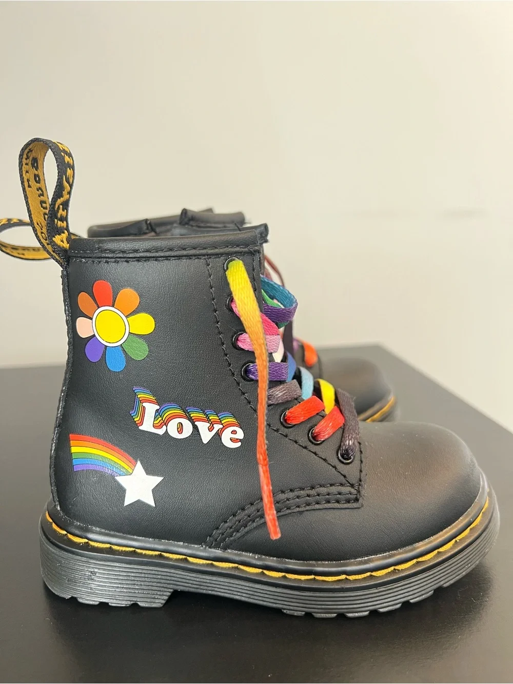 Black Kids Rainbow Lace-Up Boot with Pride Prints